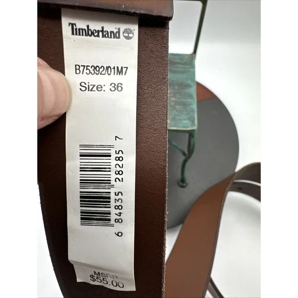 Men's Timberland NWT Brown Leather Belt Brass Buckle Size 36 - Picture 7 of 8
